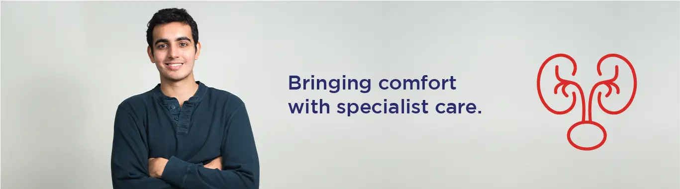 Healthy man smiling confidently with text promoting urology at Sriram Hospital, KR Puram, Bangalore